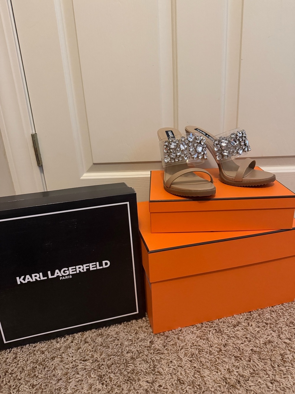 Karl Lagerfeld Bedika Beige Jeweled Slide Sandals with Crystal Embellishment